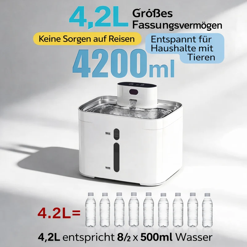 Homelody Trinkbrunnen Katzen Trinkbrunnen 4,2L mit 304 Edelstahl, kabellos, Akku, 3 Wassermodi