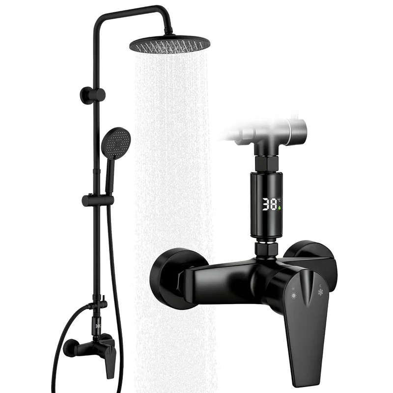 Homelody Duschsystem Regendusche 10 Zoll LED Temperaturanzeige 2 Funktionen, 3 Strahlarten, höhenverstellbar, kein zweites Bohren