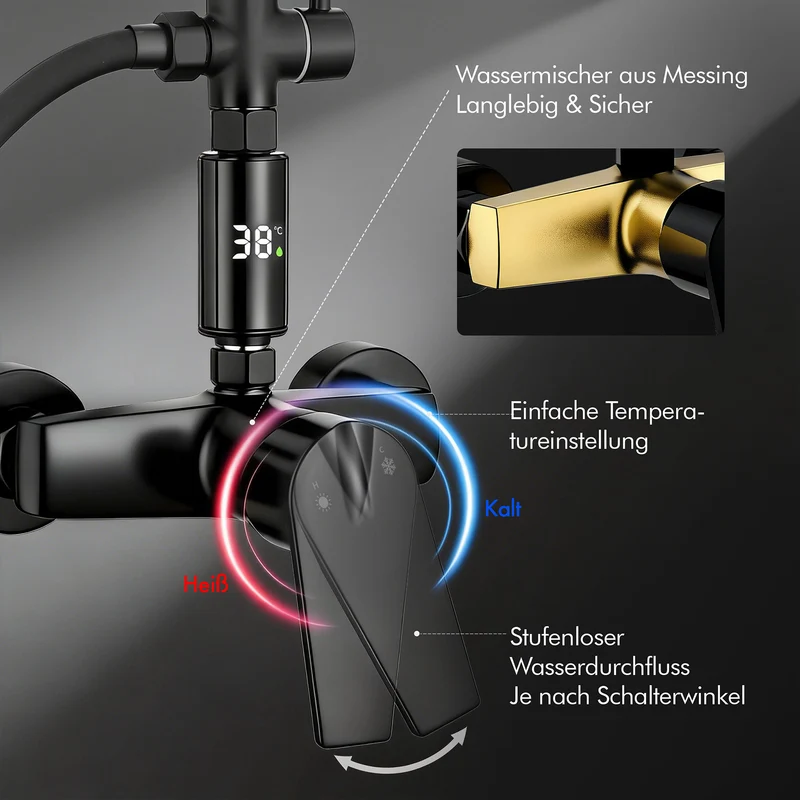 Homelody Duschsystem Regendusche 10 Zoll LED Temperaturanzeige 2 Funktionen, 3 Strahlarten, höhenverstellbar, kein zweites Bohren