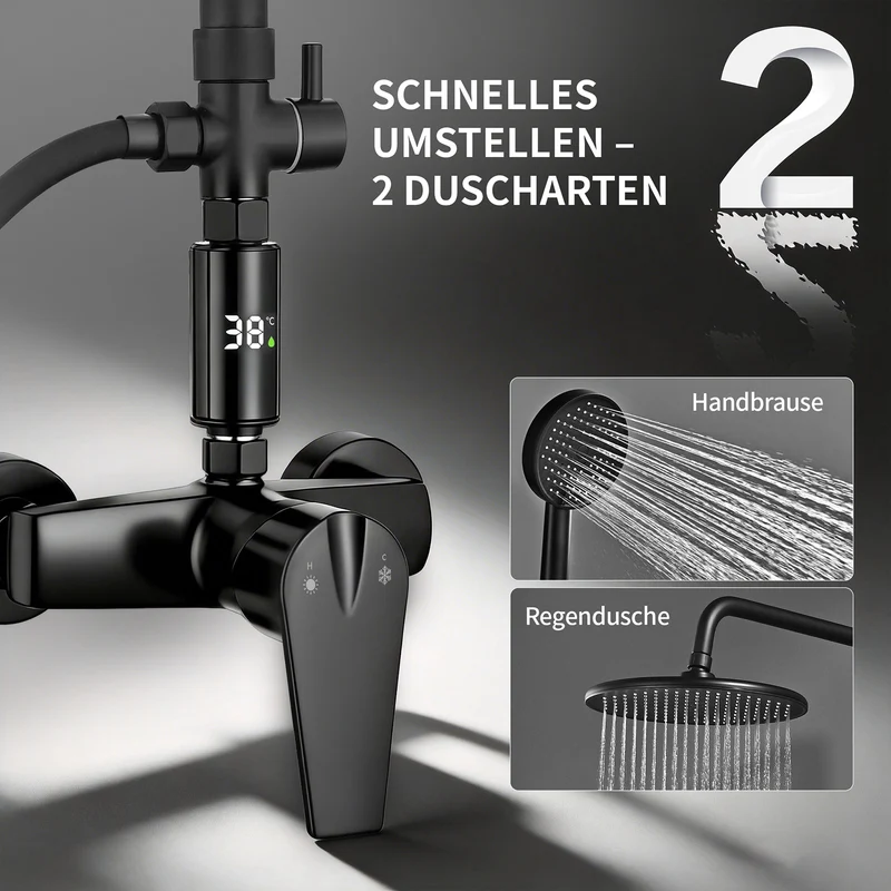 Homelody Duschsystem Regendusche 10 Zoll LED Temperaturanzeige 2 Funktionen, 3 Strahlarten, höhenverstellbar, kein zweites Bohren