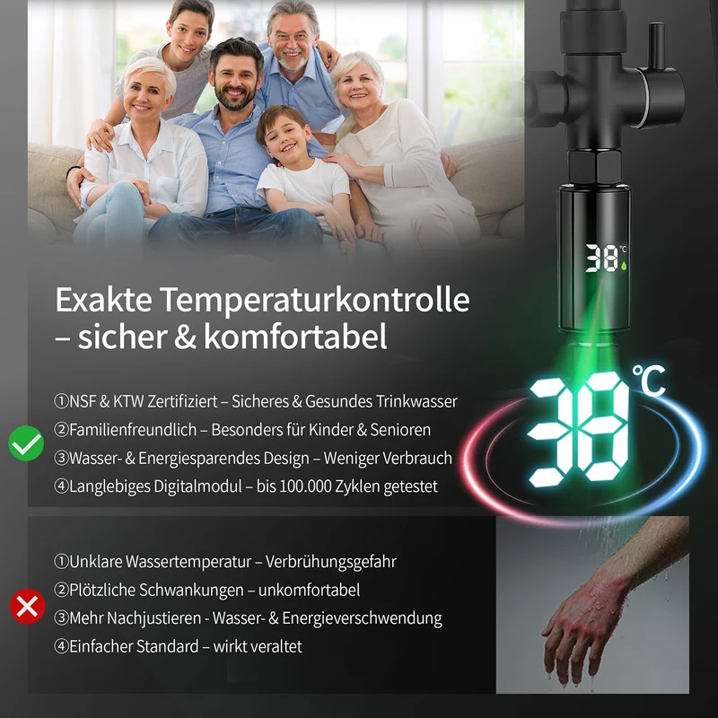 Homelody Duschsystem Regendusche 10 Zoll LED Temperaturanzeige 2 Funktionen, 3 Strahlarten, höhenverstellbar, kein zweites Bohren