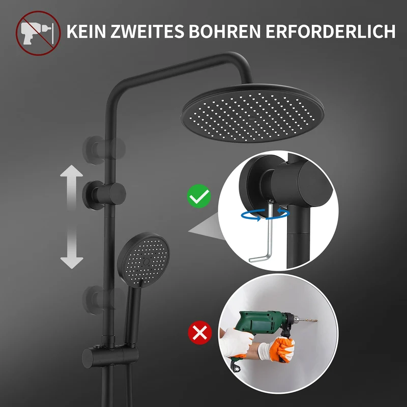 Homelody Duschsystem Regendusche 10 Zoll LED Temperaturanzeige 2 Funktionen, 3 Strahlarten, höhenverstellbar, kein zweites Bohren
