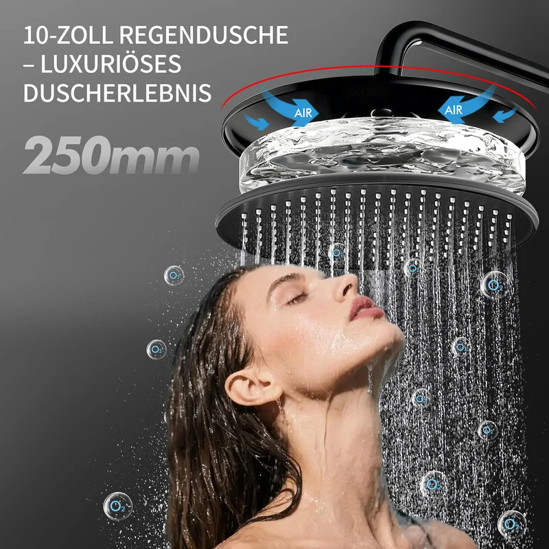 Homelody Duschsystem Regendusche 10 Zoll LED Temperaturanzeige 2 Funktionen, 3 Strahlarten, höhenverstellbar, kein zweites Bohren