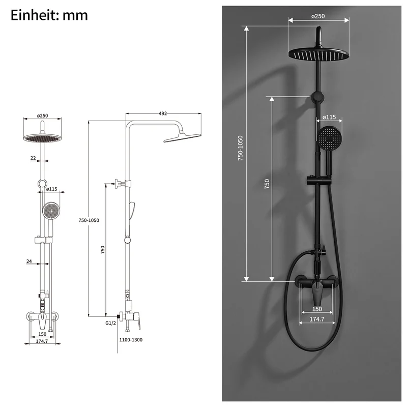 Homelody Duschsystem Regendusche 10 Zoll LED Temperaturanzeige 2 Funktionen, 3 Strahlarten, höhenverstellbar, kein zweites Bohren