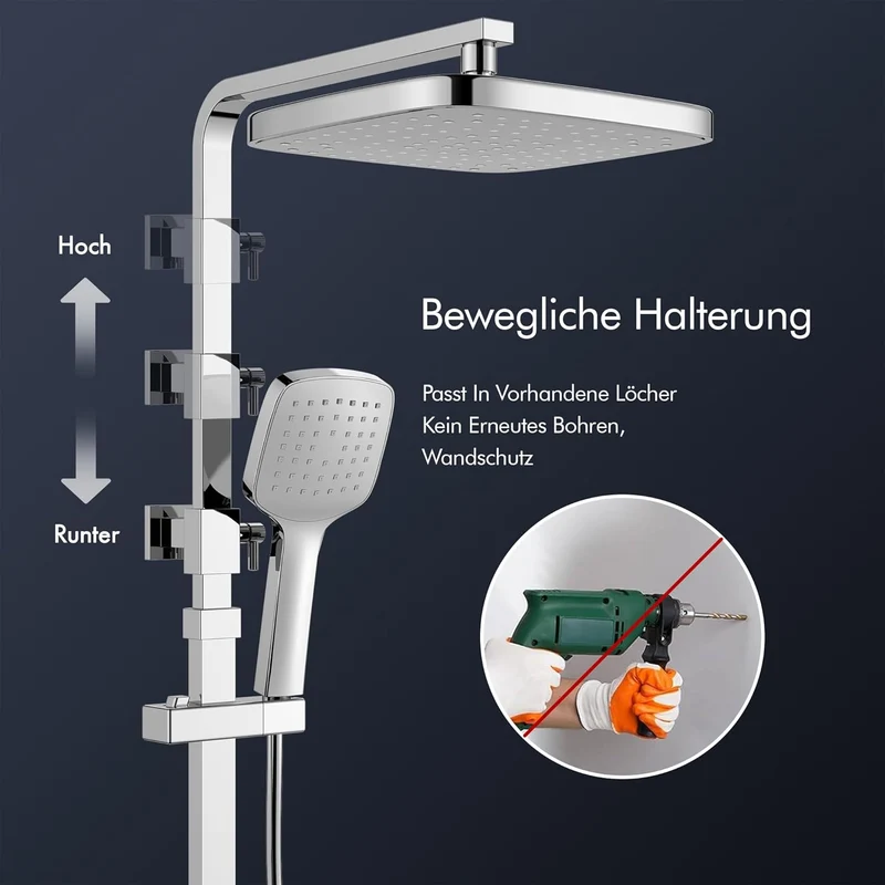 HOMELODY Duschsystem mit Thermostat & Duschablage Chrom - Höhenverstellbar, 38 °C Sicherheitssperre