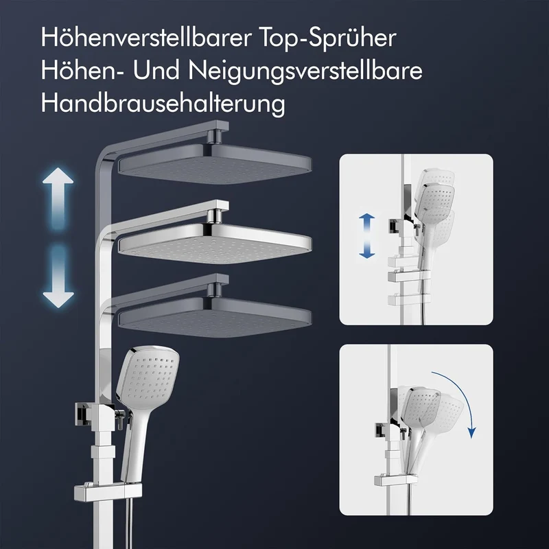 HOMELODY Duschsystem mit Thermostat & Duschablage Chrom - Höhenverstellbar, 38 °C Sicherheitssperre