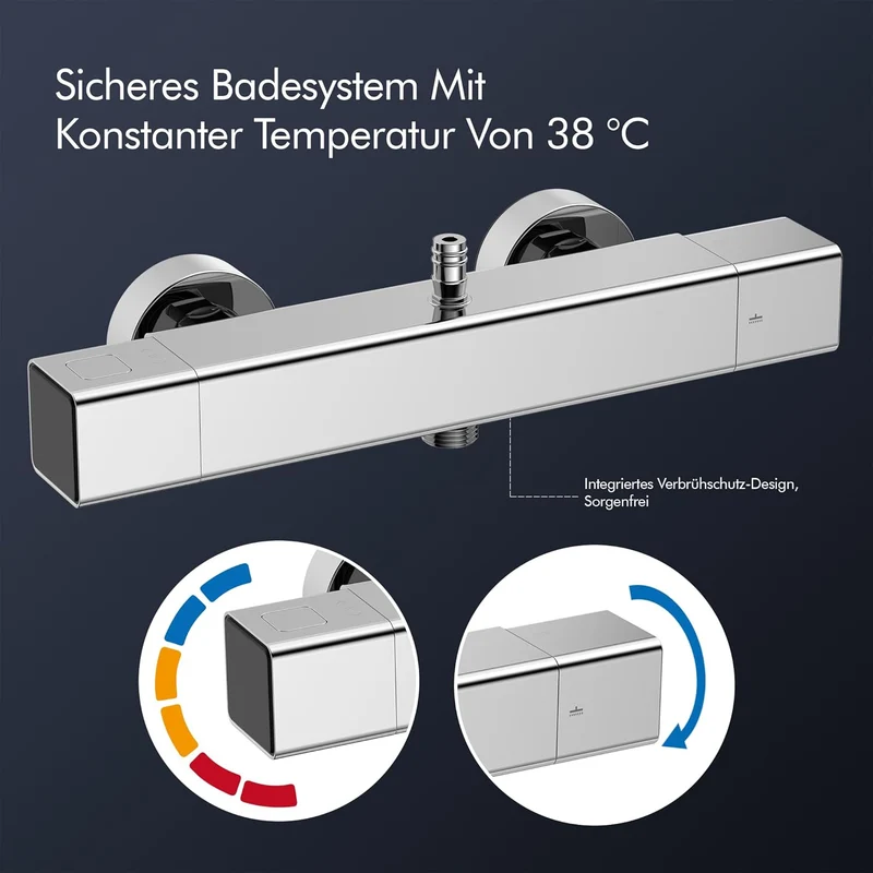 HOMELODY Duschsystem mit Thermostat & Duschablage Chrom - Höhenverstellbar, 38 °C Sicherheitssperre