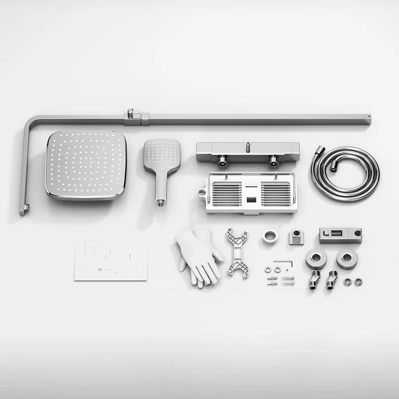 HOMELODY Duschsystem mit Thermostat & Duschablage Chrom - Höhenverstellbar, 38 °C Sicherheitssperre