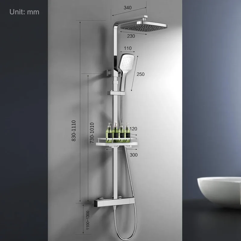 HOMELODY Duschsystem mit Thermostat & Duschablage Chrom - Höhenverstellbar, 38 °C Sicherheitssperre
