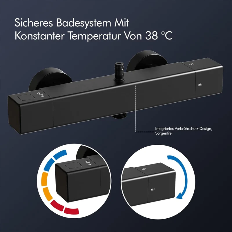 HOMELODY Duschsystem mit Thermostat & Duschablage Schwarz mit Handbrause & Kopfbrause - Höhenverstellbar, 38 °C Sicherheitssperre