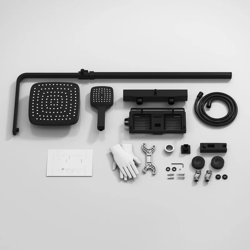 HOMELODY Duschsystem mit Thermostat & Duschablage Schwarz mit Handbrause & Kopfbrause - Höhenverstellbar, 38 °C Sicherheitssperre