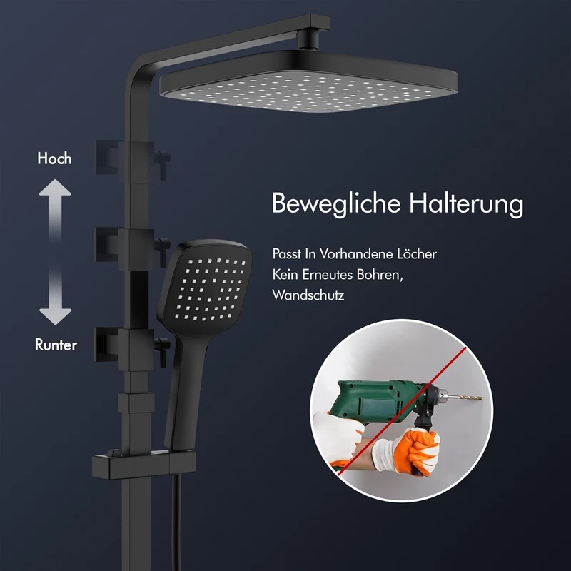 HOMELODY Duschsystem mit Thermostat & Duschablage Schwarz mit Handbrause & Kopfbrause - Höhenverstellbar, 38 °C Sicherheitssperre