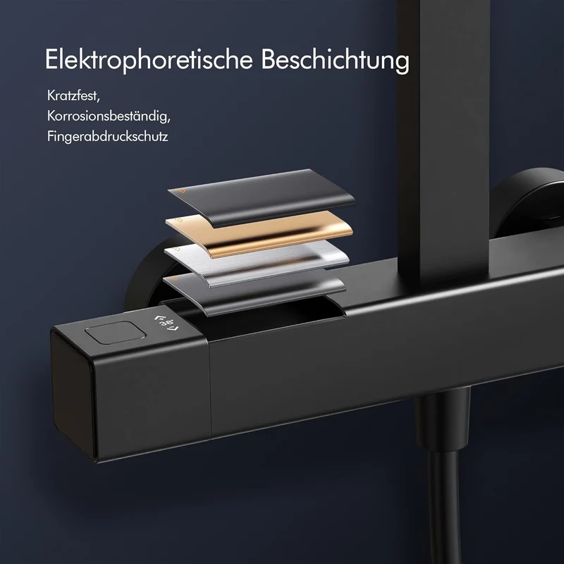 HOMELODY Duschsystem mit Thermostat & Duschablage Schwarz mit Handbrause & Kopfbrause - Höhenverstellbar, 38 °C Sicherheitssperre