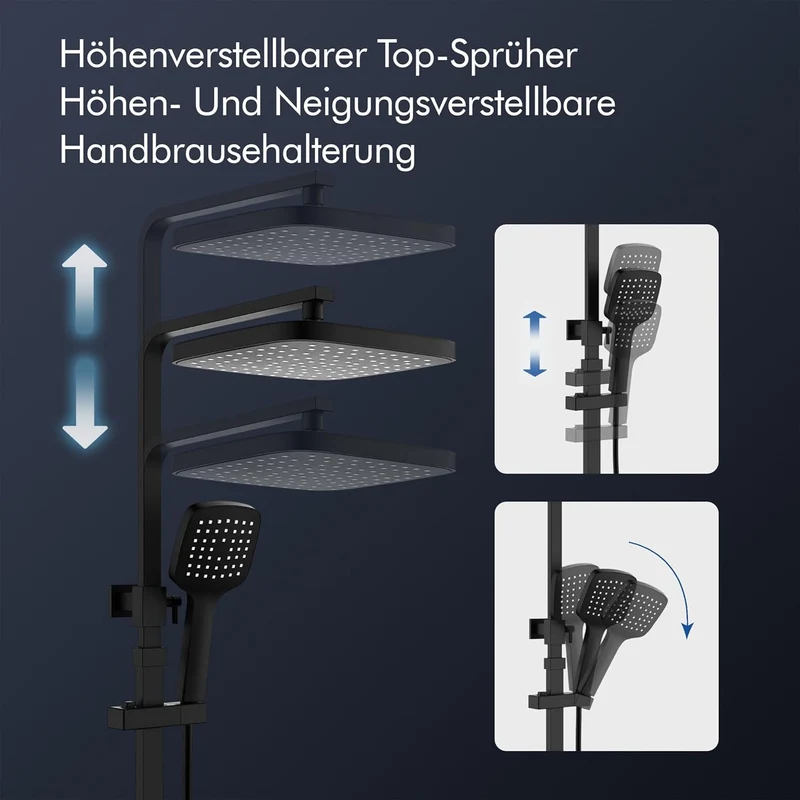 HOMELODY Duschsystem mit Thermostat & Duschablage Schwarz mit Handbrause & Kopfbrause - Höhenverstellbar, 38 °C Sicherheitssperre