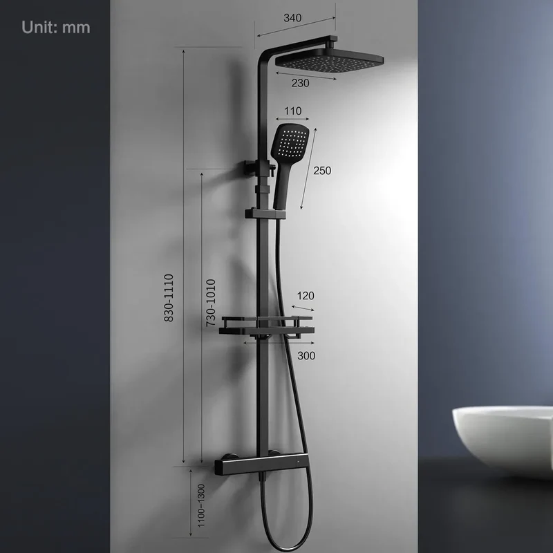 HOMELODY Duschsystem mit Thermostat & Duschablage Schwarz mit Handbrause & Kopfbrause - Höhenverstellbar, 38 °C Sicherheitssperre