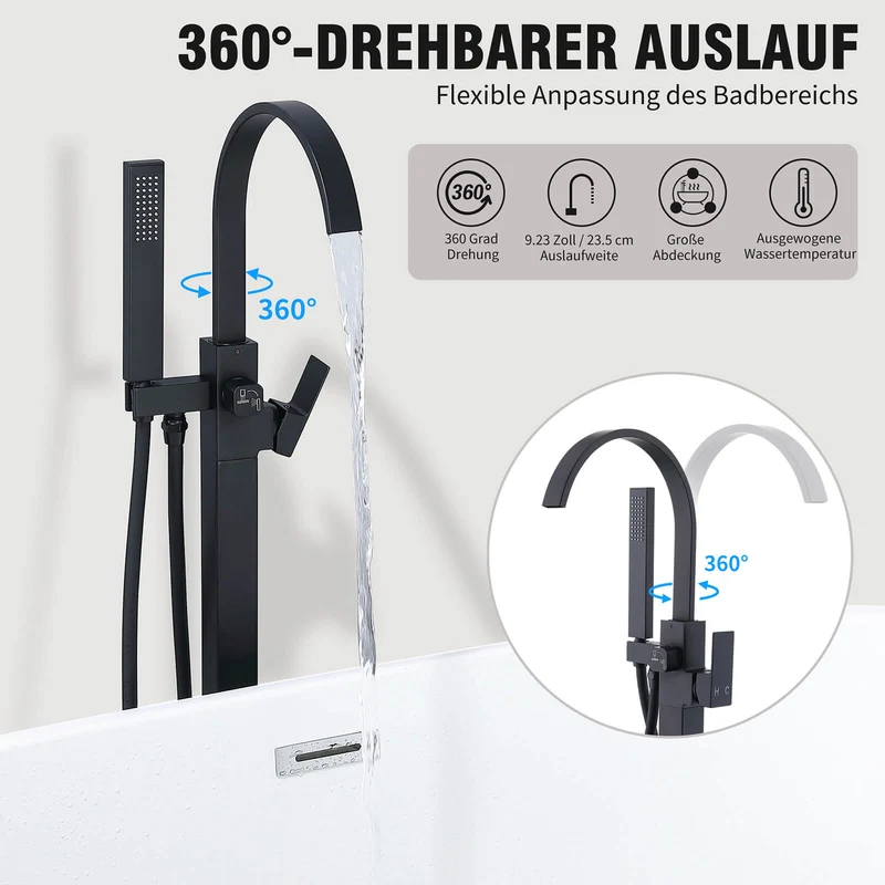 Homelody Wannenarmatur Schwarz freistehende Wannenarmatur Messing mit Handbrause & Wasserfall
