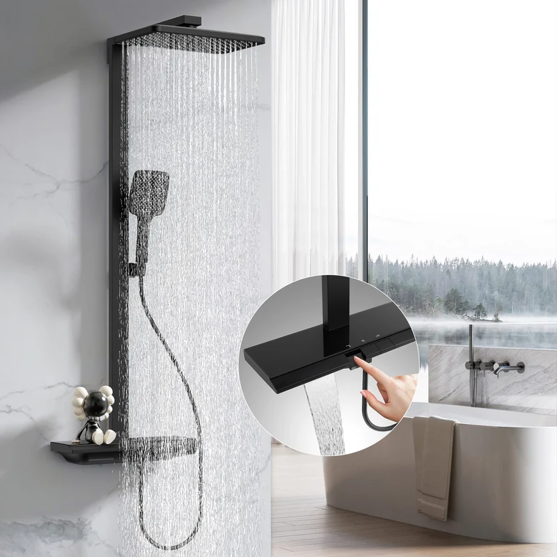 Homelody Duschsystem mit Thermostat und Ablage Duschsäule mit Regendusche und Duscharmatur, 3 Strahlart, 30cm Kopfbraus,Schwarz