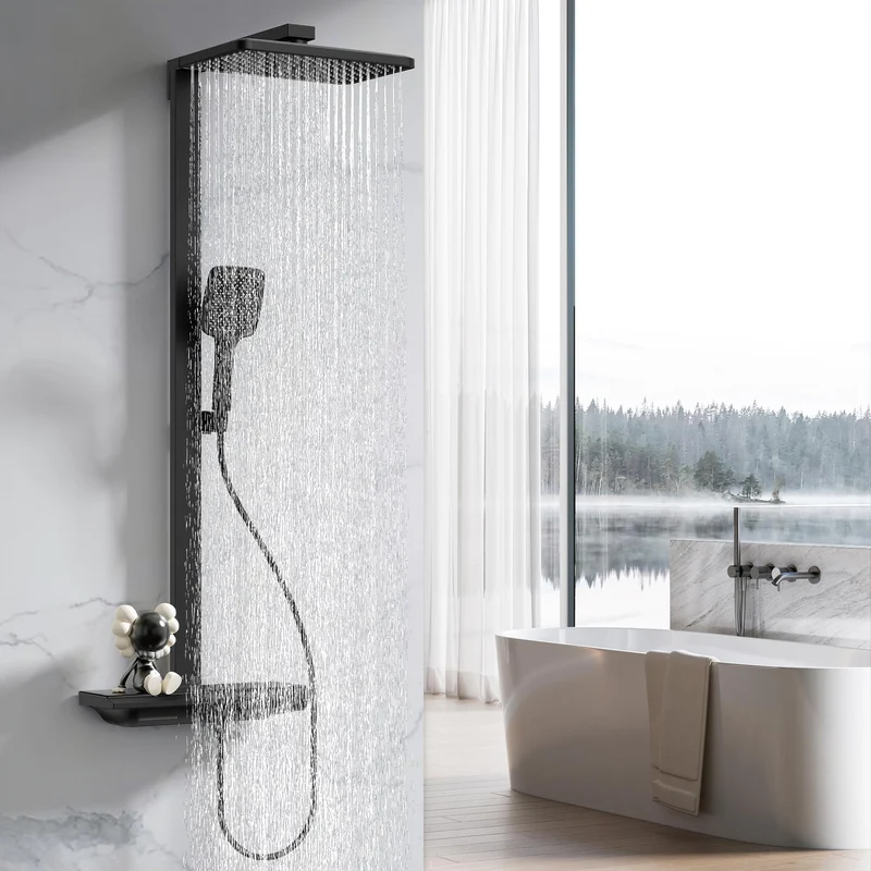 Homelody Duschsystem mit Thermostat und Ablage Duschsäule mit Regendusche und Duscharmatur, 3 Strahlart, 30cm Kopfbraus,Schwarz