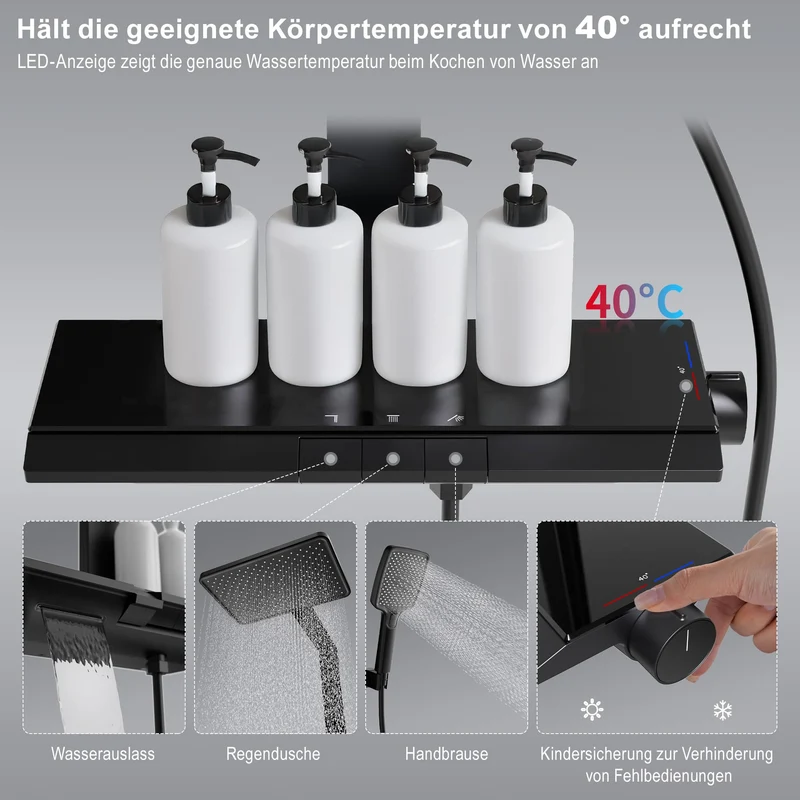 Homelody Duschsystem mit Thermostat und Ablage Duschsäule mit Regendusche und Duscharmatur, 3 Strahlart, 30cm Kopfbraus,Schwarz