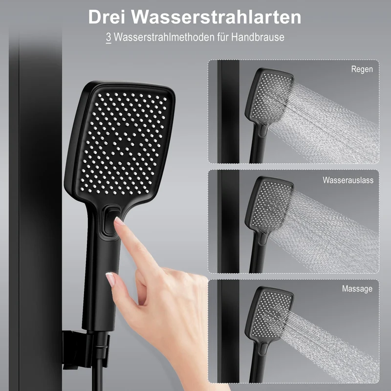Homelody Duschsystem mit Thermostat und Ablage Duschsäule mit Regendusche und Duscharmatur, 3 Strahlart, 30cm Kopfbraus,Schwarz