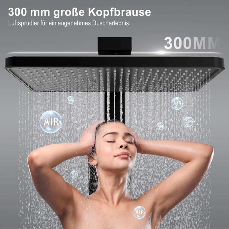 Homelody Duschsystem mit Thermostat und Ablage Duschsäule mit Regendusche und Duscharmatur, 3 Strahlart, 30cm Kopfbraus,Schwarz