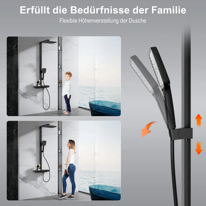 Homelody Duschsystem mit Thermostat und Ablage Duschsäule mit Regendusche und Duscharmatur, 3 Strahlart, 30cm Kopfbraus,Schwarz