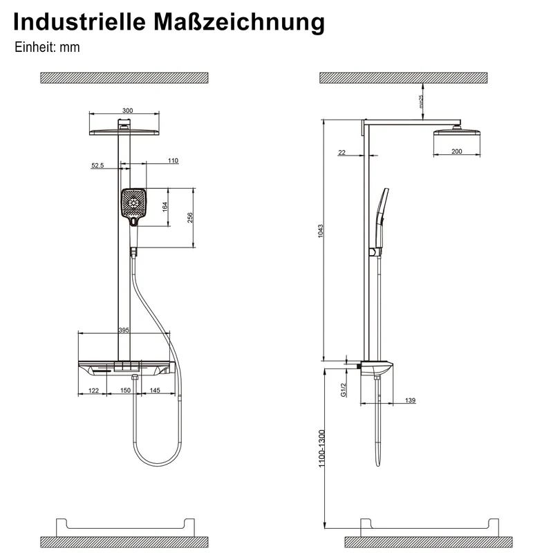 Homelody Duschsystem mit Thermostat und Ablage Duschsäule mit Regendusche und Duscharmatur, 3 Strahlart, 30cm Kopfbraus,Schwarz