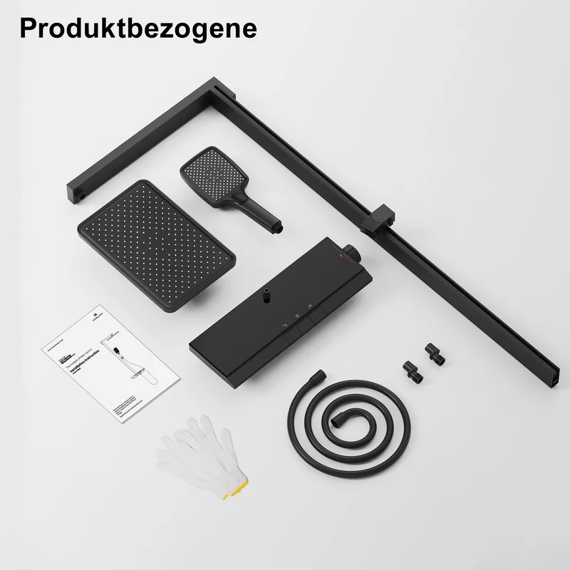 Homelody Duschsystem mit Thermostat und Ablage Duschsäule mit Regendusche und Duscharmatur, 3 Strahlart, 30cm Kopfbraus,Schwarz
