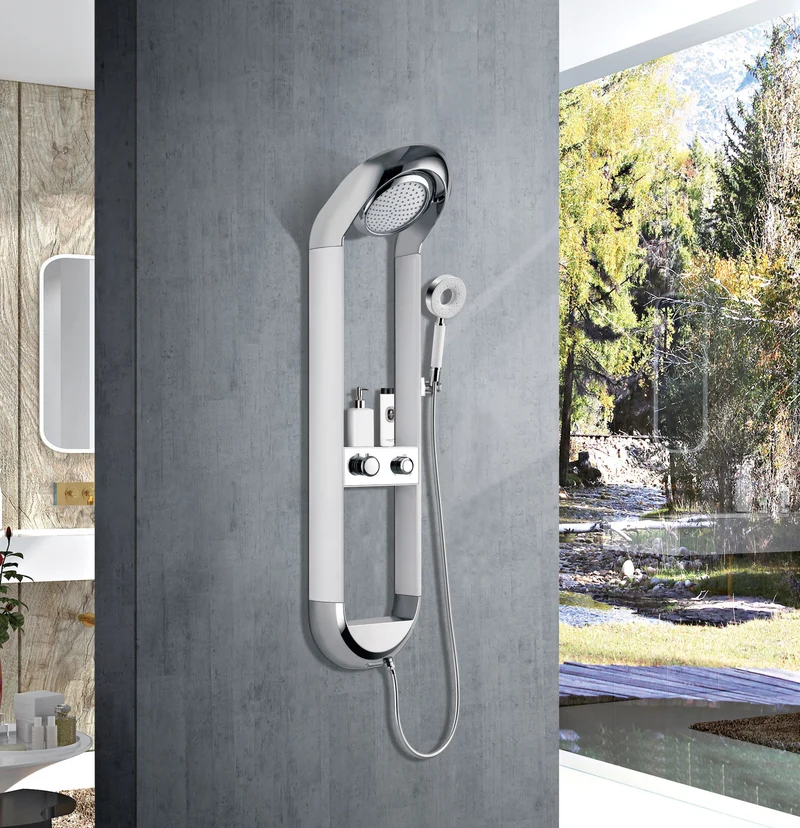 Homelody Luxuriöse Runde 3-Jets Handbrause Hochdruck-Duscharmatur mit Ablageschale Duschset und Wasserfall-Auslauf Weiß