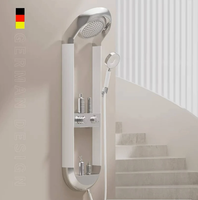 Homelody Luxuriöse Runde 3-Jets Handbrause Hochdruck-Duscharmatur mit Ablageschale Duschset und Wasserfall-Auslauf Weiß