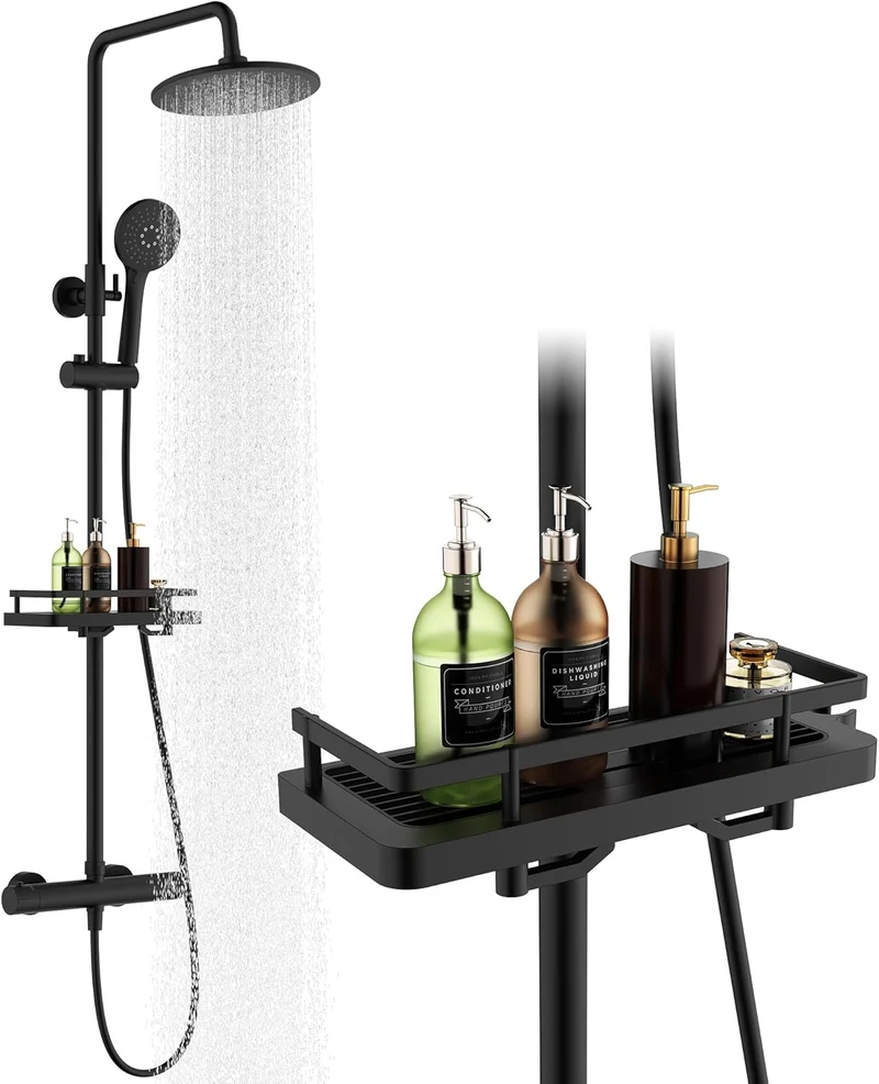 HOMELODY Duschsystem mit Thermostat und Duschablage mit Rund Regendusche Duschkopf, 3 Strahlarten ABS Handbrause, Sicherheitssperre bei 38°C