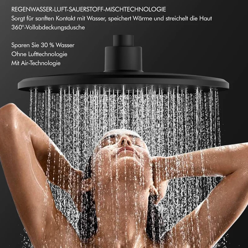 HOMELODY Duschsystem mit Thermostat und Duschablage mit Rund Regendusche Duschkopf, 3 Strahlarten ABS Handbrause, Sicherheitssperre bei 38°C