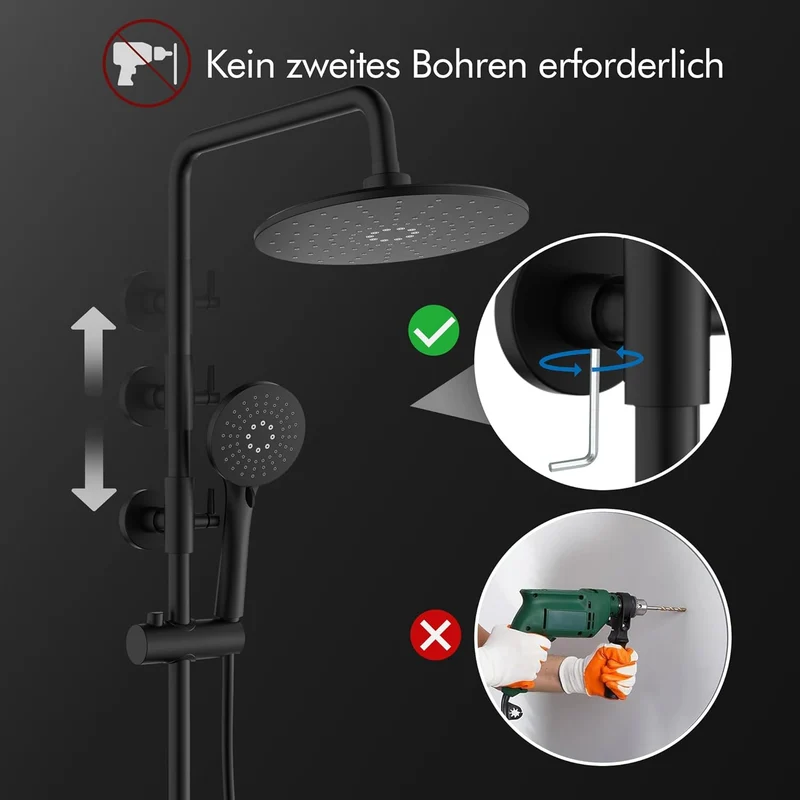 HOMELODY Duschsystem mit Thermostat und Duschablage mit Rund Regendusche Duschkopf, 3 Strahlarten ABS Handbrause, Sicherheitssperre bei 38°C