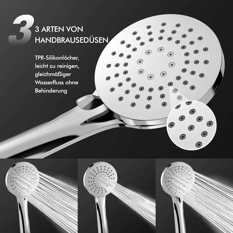HOMELODY Duschsystem mit Thermostat und Duschablage Chrom mit Rund Regendusche Duschkopf, 3 Strahlarten ABS Handbrause, Sicherheitssperre bei 38°C