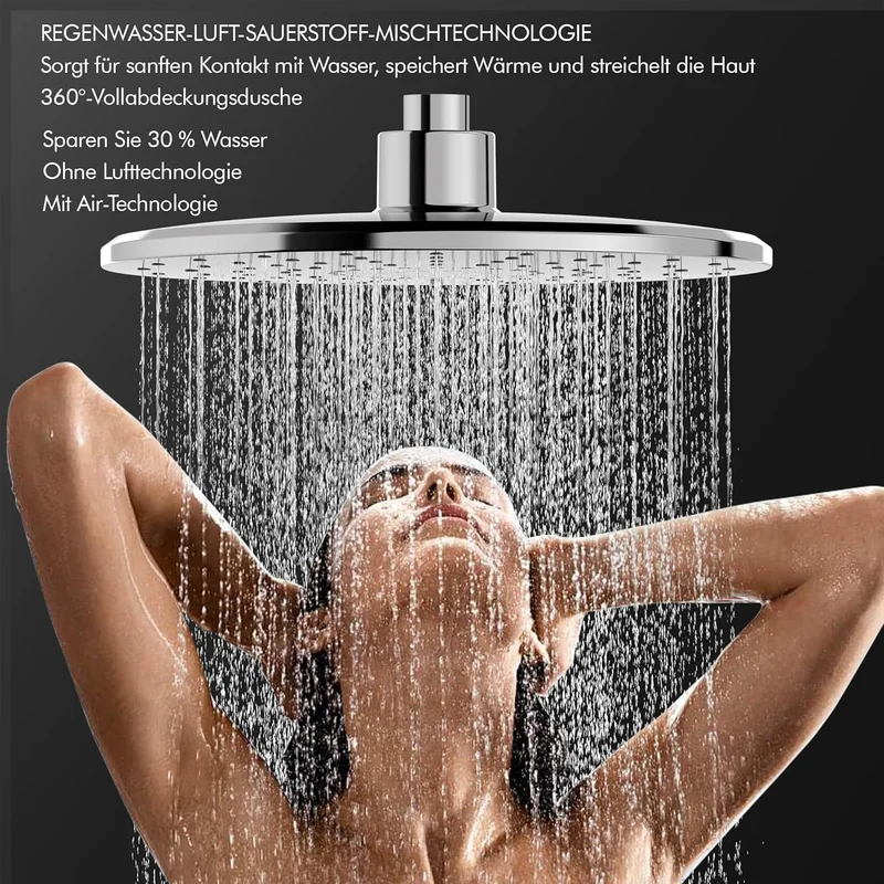 HOMELODY Duschsystem mit Thermostat und Duschablage Chrom mit Rund Regendusche Duschkopf, 3 Strahlarten ABS Handbrause, Sicherheitssperre bei 38°C