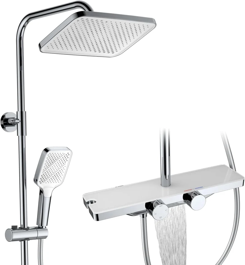HOMELODY Duschsystem mit Thermostat und Glasablage - Duscharmatur Komplettset