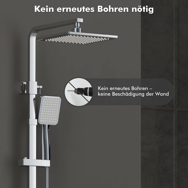 HOMELODY Regendusche Ohne Armatur Duschsystem Duschset Ohne Duscharmatur Chrom Duschgarnitur Verstellbarer Duschstange Duschsäule mit Kopfbrause 20x20cm eckig