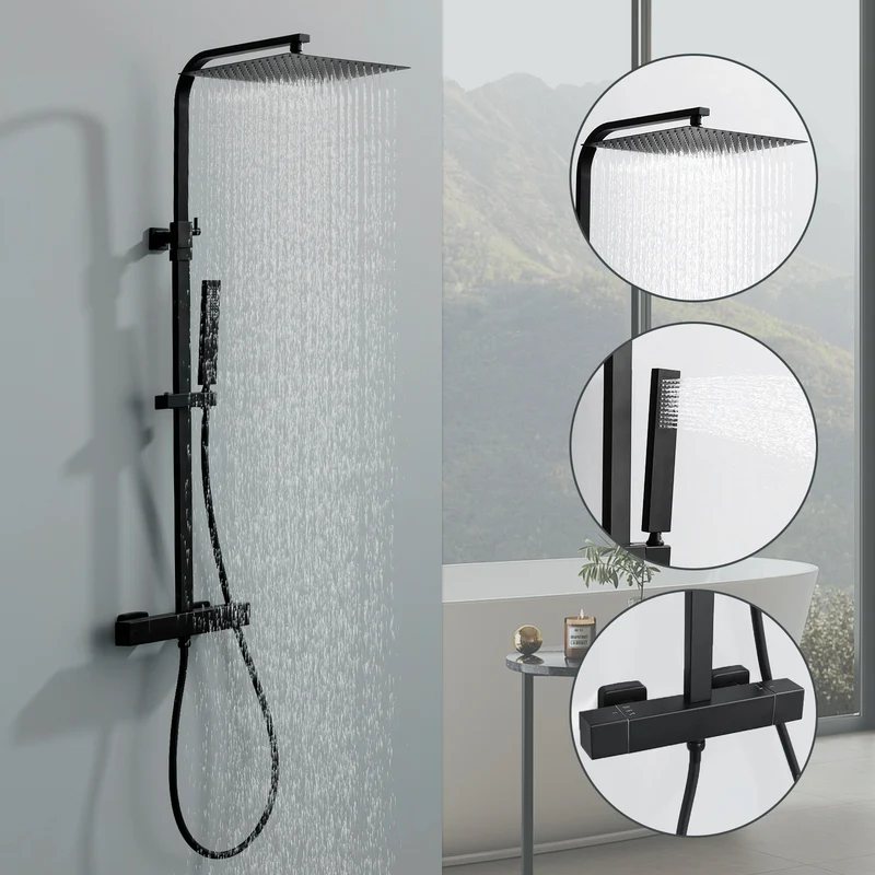 HOMELODY Duschsystem mit Thermostat Schwarz Regendusche mit Armatur Duschset Eckig Messing Kopfbrause Edelstahl 30x30CM