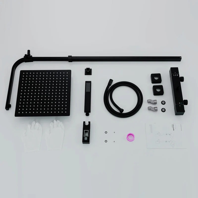 HOMELODY Duschsystem mit Thermostat Schwarz Regendusche mit Armatur Duschset Eckig Messing Kopfbrause Edelstahl 30x30CM