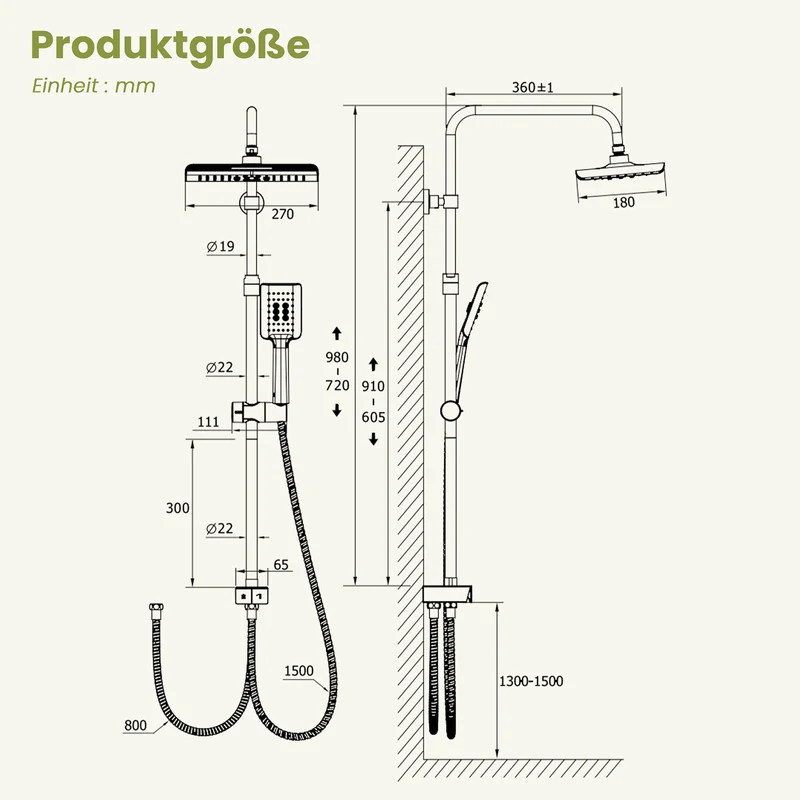 Homelody Duschsystem ohne Armatur, Regendusche Duschset mit Selbstreinigende Kopfbrause und Handbrause, Duschsäule für Bad/Badewanne