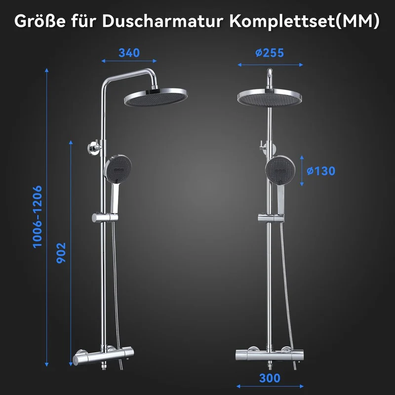 Homelody Duschsystem mit 38℃ Thermostat Regendusche Regenkopf