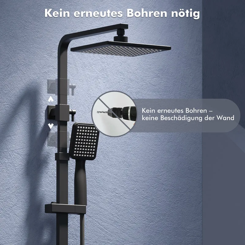 Homelody Duschsystem Schwarz Regendusche Duschset ohne Armatur mit Überkopfbrause Handbrause Duschsäule Duschsystem mit Umsteller eckig Duschsäule für Badezimmer, schwarz