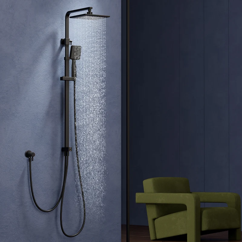 Homelody Duschsystem Schwarz Regendusche Duschset ohne Armatur mit Überkopfbrause Handbrause Duschsäule Duschsystem mit Umsteller eckig Duschsäule für Badezimmer, schwarz