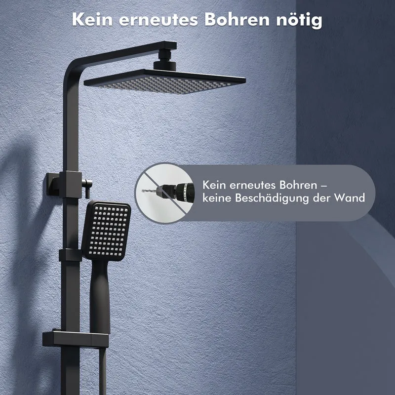 Homelody Duschsystem Schwarz Regendusche Duschset ohne Armatur mit Überkopfbrause Handbrause Duschsäule Duschsystem mit Umsteller eckig Duschsäule für Badezimmer, schwarz