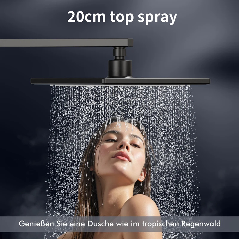 Homelody Duschsystem Schwarz Regendusche Duschset ohne Armatur mit Überkopfbrause Handbrause Duschsäule Duschsystem mit Umsteller eckig Duschsäule für Badezimmer, schwarz