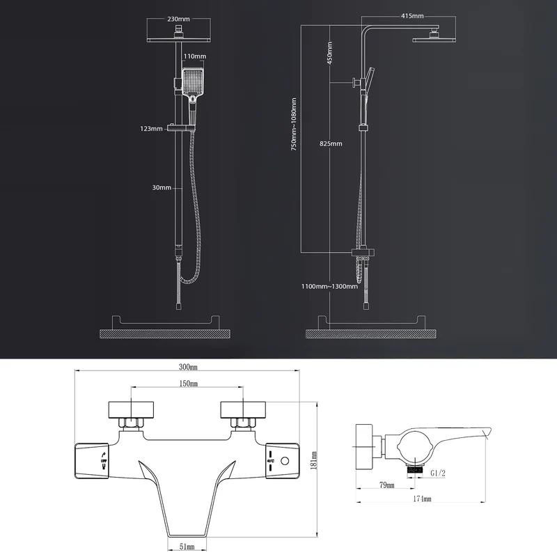 Homelody Duschsystem Schwarz Regendusche Duschset ohne Armatur mit Überkopfbrause Handbrause Duschsäule Duschsystem mit Umsteller eckig Duschsäule für Badezimmer, schwarz