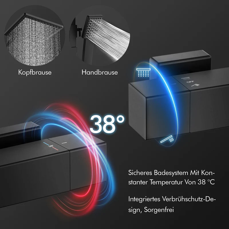 HOMELODY Duschsystem mit Thermostat 38℃ Duscharmatur Schwarz