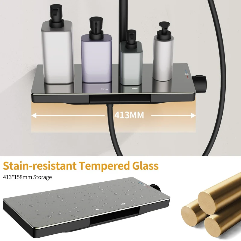 HOMELODY Duschsystem mit Thermostat und Glasablage 40 x 18 CM