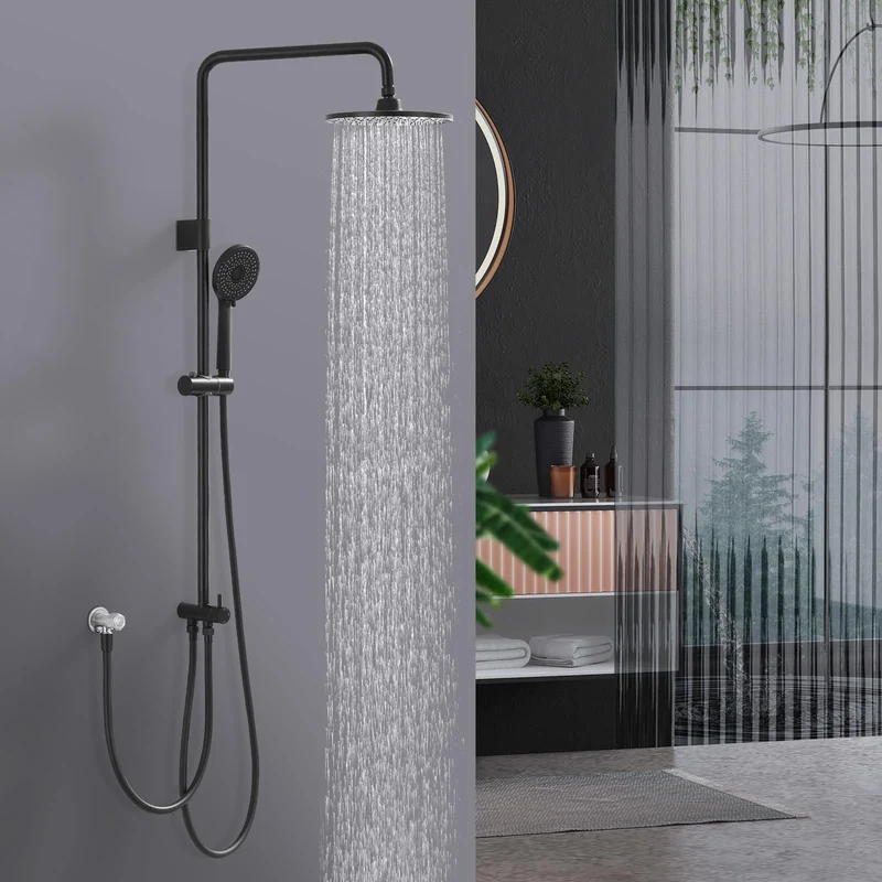 HOMELODY Regendusche Duschsystem ohne Armatur, Schwarz Handbrause mit 3 Funktionen, Edelstahl Duschset mit Kopfbrause Rund, Duschstange SUS304