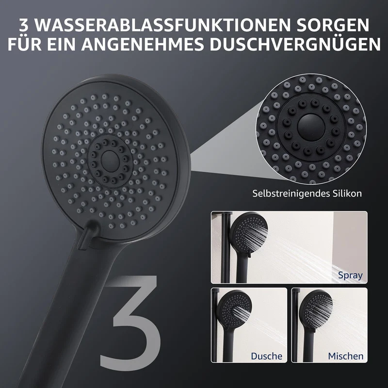 HOMELODY Regendusche Duschsystem ohne Armatur, Schwarz Handbrause mit 3 Funktionen, Edelstahl Duschset mit Kopfbrause Rund, Duschstange SUS304